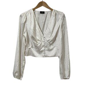 Milk & Honey Ivory Satin Crop Top XL Zebra Jacquard Puff Sleeve Party Blouse